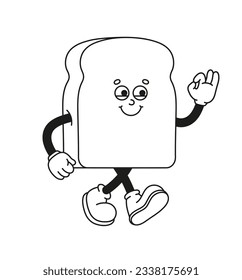 The hand-drawn retro character of the bread slice. Vector illustration in trendy retro cartoon style. Line art.