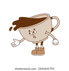 The hand-drawn retro character of a coffee cup. Vector illustration in trendy retro cartoon style. 