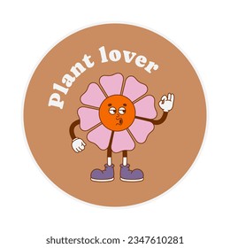 The hand-drawn retro character of the groovy flower isolated on brown. Vector illustration in trendy retro cartoon style.