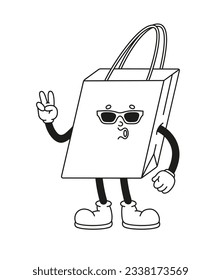 The hand-drawn retro character of the shopping bag. Vector illustration in trendy retro cartoon style. Line art.