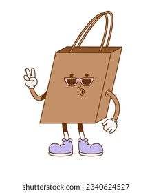The hand-drawn retro character of the shopping bag. Vector illustration in trendy retro cartoon style. 