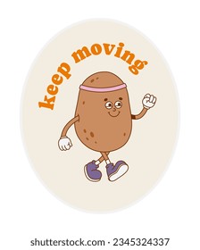 The hand-drawn retro character of a walking potato isolated on beige. The concept of a sporty, healthy lifestyle.Vector illustration in trendy retro cartoon style.