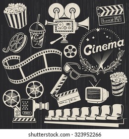 Hand-drawn Retro Cinema Illustrations in chalkboard Style