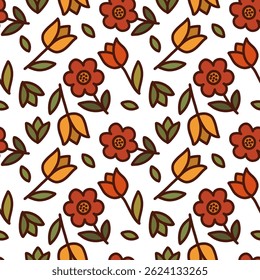 Hand-drawn retro floral print for fabric. Modern beautiful flowers. Vintage botanical seamless pattern, wrapping paper.