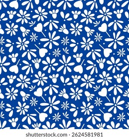Hand-drawn retro floral print for fabric. Modern blue flowers. Vintage botanical seamless pattern, wrapping paper.