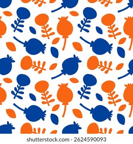 Hand-drawn retro floral print for fabric. Modern blue flowers for creativity. Vintage botanical seamless pattern, wrapping paper.