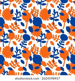 Hand-drawn retro floral print for fabric. Modern blue flowers for creativity. Vintage botanical seamless pattern, wrapping paper.