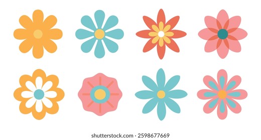 Hand-Drawn Retro Floral Vector Set. Colorful Digital Flowers.