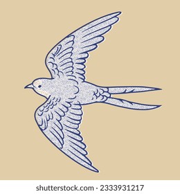 Hand-drawn retro illustration of a flying swallow