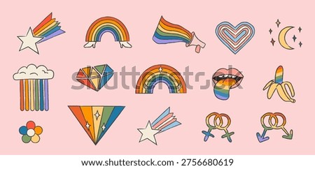 Hand-drawn retro Pride icon set with rainbow gradients and inclusive LGBTQ symbols. Vibrant nostalgic doodle set with gender symbols, rainbows, groovy 70s aesthetics. Isolated vector illustration.