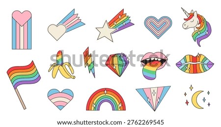 Hand-drawn retro Pride icons with rainbow and transgender flag gradients. Inclusive LGBTQ doodle collection of unicorns, hearts, lightning bolts, and stars for digital stickers or branding. Vector.