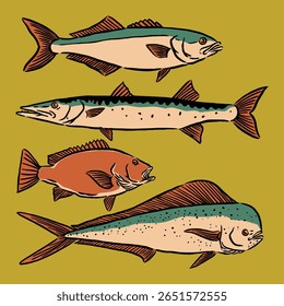 Um conjunto retrô desenhado à mão de peixes do mar, incluindo cavala e mahi-mahi, ilustrado em estilo vintage com cores arrojadas e barbatanas detalhadas.