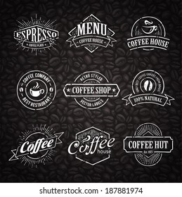 Hand-drawn retro stamps on coffee seamless background.
