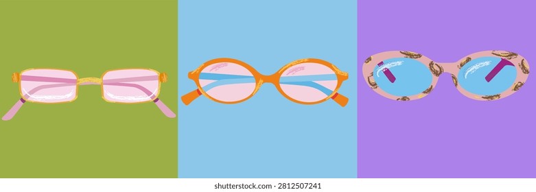 hand-drawn retro sunglasses vector set: funky 90s and y2k vintage eyewear elements on green, blue, and purple backgrounds for summer vacation design, pop art graphics, and trendy fashion banners. hand-drawn retro sunglasses vector set: funky 90s and y2k vintage eyewear elements on green, blue, and purple backgrounds for summer vacation design, pop art graphics, and trendy fashion banners. this horizontal graphic compilation showcases three distinct styles of vintage glasses isolated in individual colorful panels: the first block features a thin, rectangular gold-rimmed frame with light pink lenses set against a solid olive green field; the second block displays a chic tangerine orange cat-eye frame with translucent pink lenses over a soft sky blue canvas; the third block presents an elongated oval pair with a dusty pink tortoise shell leopard print texture and reflective cerulean blue glass on a rich lavender purple backdrop. capturing the distinct nostalgic vibes of late nineties and early two-thousands pop culture, this multi-pack collection is an exceptional design toolkit for creating seasonal retail website headers, promotional summer sale banners, decorative sticker sheets, festival lineup flyers, boutique labels, and custom social media grid posts.
