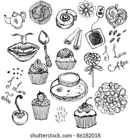 Hand-drawn retro tea and coffee doodle set