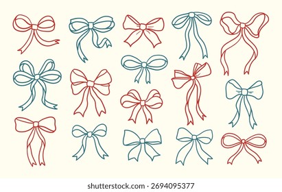 Conjunto de arco de fita desenhado à mão — Coleção de arte de linha mínima em vermelho e azul no fundo do creme, aniversário e conceito de ano novo