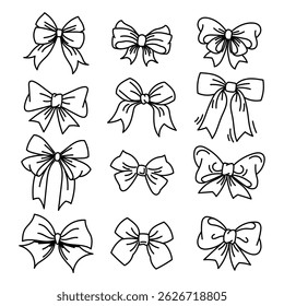 Hand-Drawn Ribbon Bows Icon Set – 12 Doodle Style Decorative Bows
