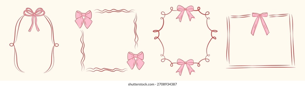 Arcos e quadros de fita desenhados à mão. Bordas decorativas bonitas para cartões românticos e convites.