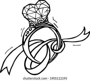 hand-drawn ring with a heart-shaped stone with a ribbon around it