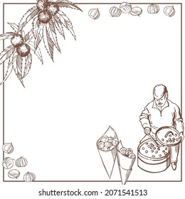 Hand-drawn roasted chestnuts set. Vector  background. Sketch  illustration.