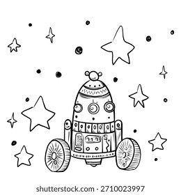 Hand-drawn robotic lunar rover for exploring and learning new planets in space. Doodle style, simple minimalistic drawing. Fantasy sketch, line art.Isolated.Vector illustration.