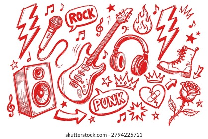 Hand-drawn rock and punk music elements collection including electric guitar, microphone, headphones, speaker, boots, rose, and musical notes in red.