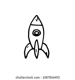Handdrawn rocket doodle icon. Hand drawn black sketch. Sign symbol. Decoration element. White background. Isolated. Flat design. Vector illustration.