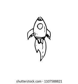 Handdrawn rocket doodle icon. Hand drawn black sketch. Sign symbol. Decoration element. White background. Isolated. Flat design. Vector illustration.