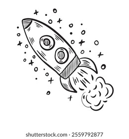 handdrawn rocket isolated on white background vector illustration with sparkles