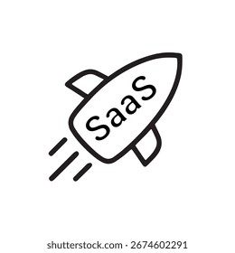 Hand-drawn rocket ship with the word saas launching upwards symbolizing business growth and startup success