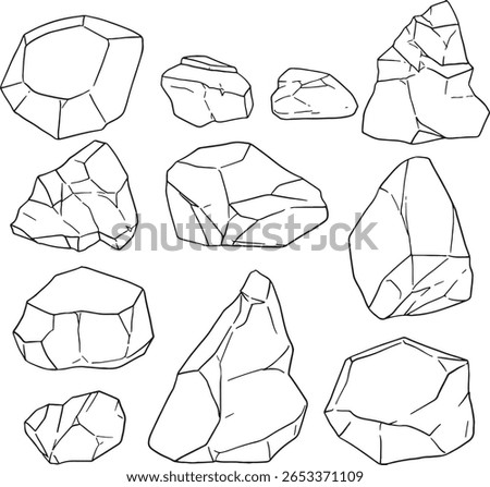 Hand-drawn rocks and stones in various shapes and sizes, including individual pieces and a pile. These versatile outlines are perfect for natural landscapes, geological themes, outdoor adventures.