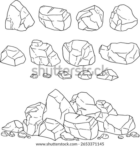 Hand-drawn rocks and stones in various shapes and sizes, including individual pieces and a pile. These versatile outlines are perfect for natural landscapes, geological themes, outdoor adventures.