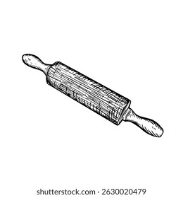 Hand-drawn rolling pin. Vintage line art style, vector illustration isolated on white background.