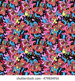 Hand-drawn romantic doodle, concept seamless pattern. Bright background with lip, hearts, chains, text, i love you forever. Design for Valentine's Day.