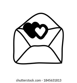 hand-drawn romantic doodle envelopes with hearts and declarations of love isolated on white background. Cute vector icon. Element for greeting cards, posters, stickers, design.  St. Valentine's post.