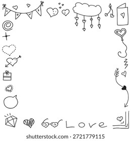 Hand-drawn romantic doodle frame with hearts and diamond around white copy space for Valentine greeting card