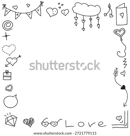 Hand-drawn romantic doodle frame with hearts and diamond around white copy space for Valentine greeting card