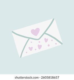 Hand-drawn romantic love letter with hearts in white pink green colors, an icon for a message, mail, or cartoon-style sticker in soft pastel colors. Design element, object in vector.