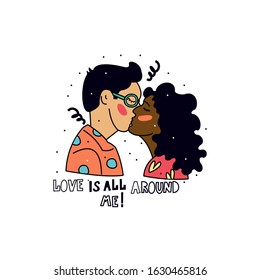 Handdrawn romantic print, sketch-a couple in love kissing. Cute Valentine.