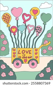 Hand-drawn romantic Valentine's Day greeting card with heart-shaped balloons

