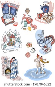 Hand-drawn romantic winter sticker pack with winter activities, cat, tea, cookies, home treatment, love couple, fireplace, sled, ice skating and cottage in the mountains. 