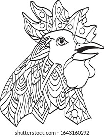 Hand-drawn rooster doodle art. Coloring book page - zendala, design for meditation and relaxation for adults, vector illustration, isolated on a white background.  