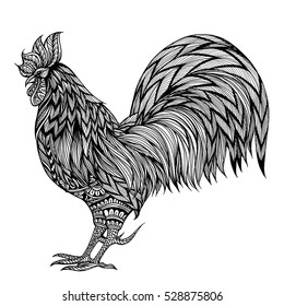 Hand-drawn rooster with ethnic doodle pattern. Coloring book page isolated on a white background.- vector illustration,