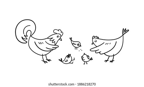 A hand-drawn rooster and a hen surrounded the little chickens. Doodle poultry raise their frolicking chicks. Vector stock illustration of poultry farming black on a white background.