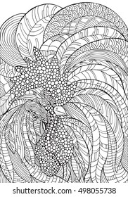 Hand-drawn rooster. in zentangle style. Coloring book page for adult and children. Black and white. Symbol of 2017 New Year. Cockerel, rooster, cock, chicken, bird.