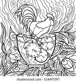 Hand-drawn rooster in zentangle style. Symbol of the year clock and time. Coloring book page for adult. Black and white vector illustration. 2017 New Year. Cockerel, rooster, cock, chicken, bird.