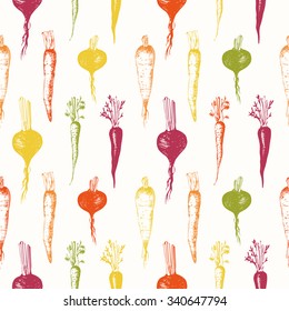 Hand-drawn root vegetables. Seamless nature background. Fresh organic sketch food.  Vintage style. Colorful pattern.