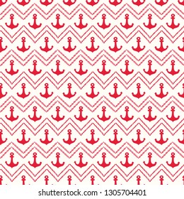 Hand-Drawn Rope and Chains Chevrons with Anchors Vector Seamless Pattern. Red Monochrome Marine Background