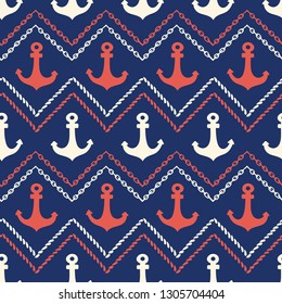 Hand-Drawn Rope and Chains Chevrons with Anchors Vector Seamless Pattern. Blue and Red Marine Background
