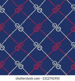 Hand-Drawn Rope Diagonal Plaid with Zeppelin Bend Nautical Knots Vector Seamless Pattern. Blue Marine Background